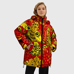 Куртка зимняя женская Хохломская Роспись Две Птици На Красном Фоне, цвет: 3D-черный — фото 2
