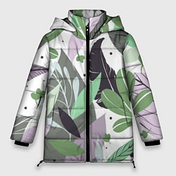 Куртка зимняя женская Зелёные, серые, голубые, сиреневые листья на белом, цвет: 3D-черный