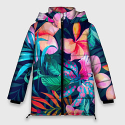 Куртка зимняя женская Яркие тропические цветы Лето, цвет: 3D-светло-серый