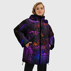 Куртка зимняя женская Неоновые лучи и листья - Фиолетовый, цвет: 3D-черный — фото 2