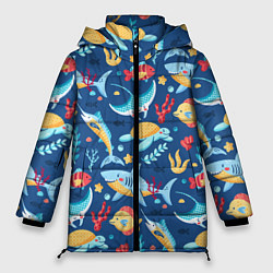 Куртка зимняя женская Акула, скат и другие обитатели океана - лето, цвет: 3D-черный