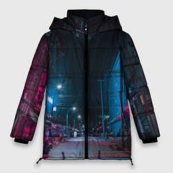 Куртка зимняя женская Неоновая пустая улица города - Синий, цвет: 3D-черный