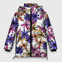 Женская зимняя куртка Цветы Разноцветные На Белом Фоне