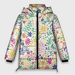 Куртка зимняя женская Цветы Нарисованные Разноцветные, цвет: 3D-красный