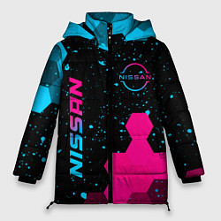 Куртка зимняя женская Nissan - neon gradient: символ и надпись вертикаль, цвет: 3D-черный