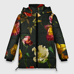 Женская зимняя куртка Цветы Нарисованные Красные Розы и Лилии На Коричне