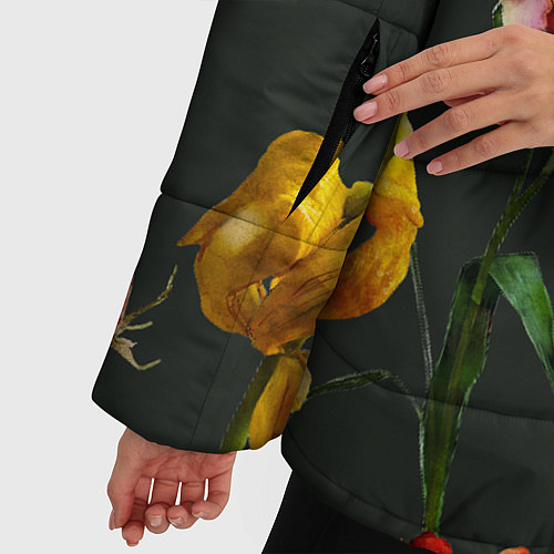 Женская зимняя куртка Цветы Нарисованные Красные Розы и Лилии На Коричне / 3D-Черный – фото 5