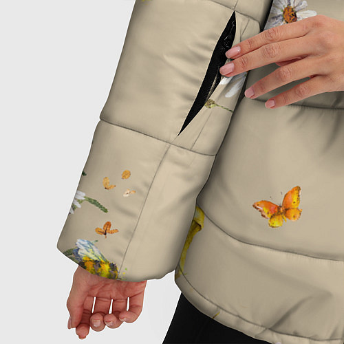 Женская зимняя куртка Нарисованные Цветы Ромашки и Пчёлы / 3D-Черный – фото 5