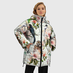 Куртка зимняя женская Цветы Нарисованные Магнолии и Птицы, цвет: 3D-красный — фото 2