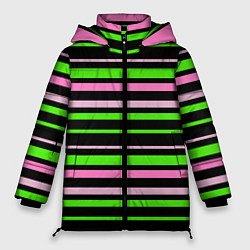 Женская зимняя куртка Полосаты узор в зелено-розовых оттенках на черном