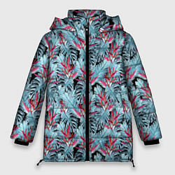 Куртка зимняя женская Голубые тропические листья и цветы, цвет: 3D-красный