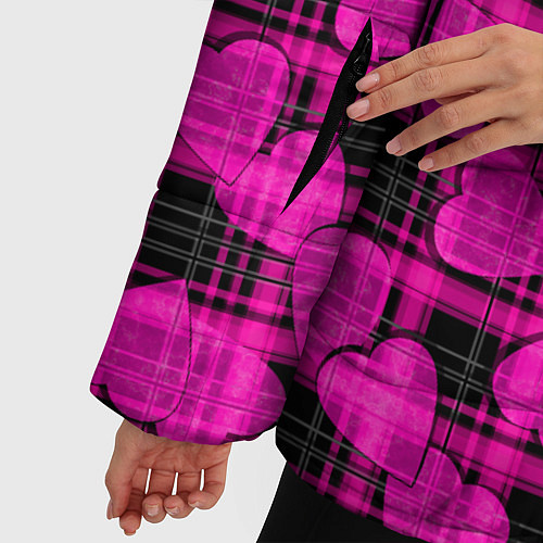 Женская зимняя куртка Black and pink hearts pattern on checkered / 3D-Красный – фото 5