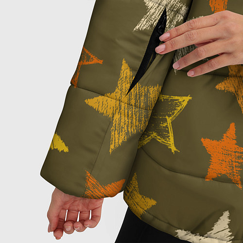 Женская зимняя куртка Желто-оранжевые звезды на зелнгом фоне / 3D-Черный – фото 5