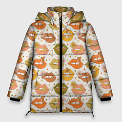 Куртка зимняя женская Губы и цветы поп арт хиппи, цвет: 3D-красный