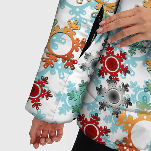 Женская зимняя куртка Новогодний декор бумажные разноцветные снежинки / 3D-Черный – фото 5