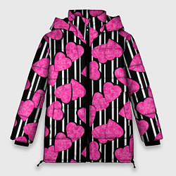 Женская зимняя куртка Малиновые мраморные сердца на полосатом черно фоне