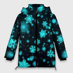 Женская зимняя куртка Неоновые снежинки на черном фоне
