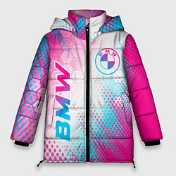Куртка зимняя женская BMW neon gradient style: надпись, символ, цвет: 3D-черный