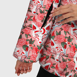 Куртка зимняя женская Маски лисиц кицунэ и цветущая камелия, цвет: 3D-красный — фото 2