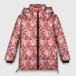 Куртка зимняя женская Маски лисиц кицунэ и цветущая камелия, цвет: 3D-красный