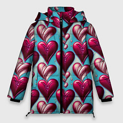 Куртка зимняя женская Паттерн красные абстрактные сердца, цвет: 3D-черный