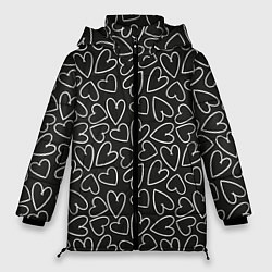 Куртка зимняя женская Белые сердечки на черном фоне, цвет: 3D-черный