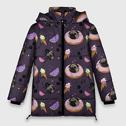 Куртка зимняя женская Паттерн с мопсами и едой, цвет: 3D-черный