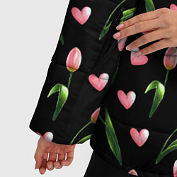 Куртка зимняя женская Тюльпаны и сердечки на черном - паттерн, цвет: 3D-черный — фото 2