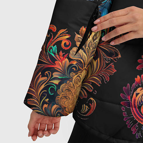 Женская зимняя куртка Русские орнаменты неон / 3D-Черный – фото 5