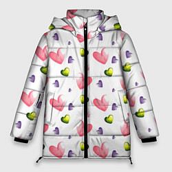 Куртка зимняя женская Акварельные сердечки - паттерн, цвет: 3D-светло-серый