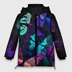 Куртка зимняя женская Много неоновых бабочек, цвет: 3D-черный