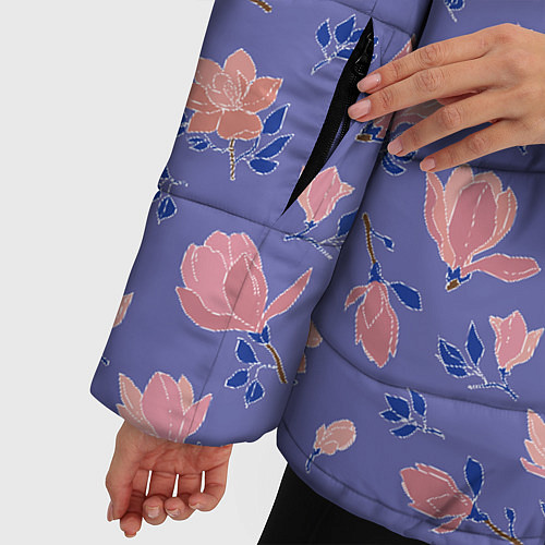 Женская зимняя куртка Цветы магнолии на нежно-лиловом / 3D-Черный – фото 5