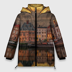 Куртка зимняя женская Мирный город на воде и тучи, цвет: 3D-светло-серый