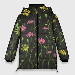 Куртка зимняя женская Полевые цветочки на темном фоне, цвет: 3D-черный