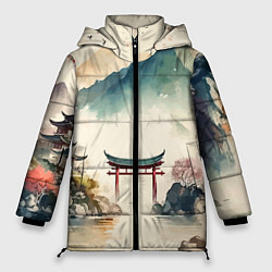 Куртка зимняя женская Японский пейзаж - акварель, цвет: 3D-светло-серый