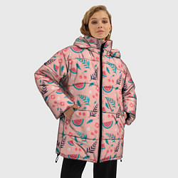 Куртка зимняя женская Летний паттерн с арбузом и вишней, цвет: 3D-светло-серый — фото 2