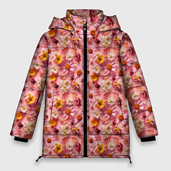 Куртка зимняя женская Желтые белые и розовые цветы, цвет: 3D-светло-серый