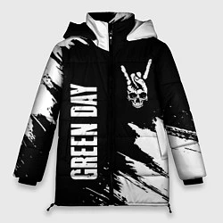 Куртка зимняя женская Green Day и рок символ на темном фоне, цвет: 3D-черный