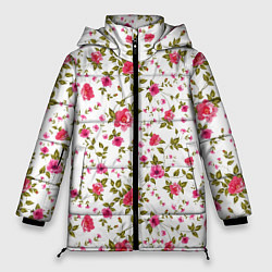 Куртка зимняя женская Розовые цветы на белом фоне, цвет: 3D-красный