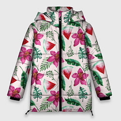 Куртка зимняя женская Арбузы, цветы и тропические листья, цвет: 3D-светло-серый