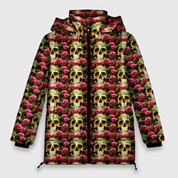 Куртка зимняя женская Черепа с розовыми цветами, цвет: 3D-светло-серый