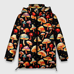 Куртка зимняя женская Разноцветный грибной паттерн, цвет: 3D-черный