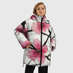 Куртка зимняя женская Цветы и ветви японской сакуры - текстура холста, цвет: 3D-светло-серый — фото 2