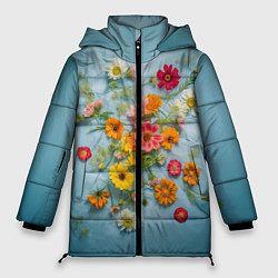 Куртка зимняя женская Букет полевых цветов на ткани, цвет: 3D-светло-серый
