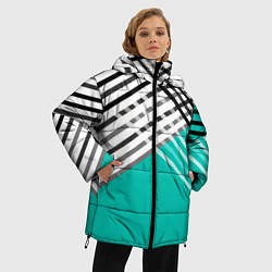 Куртка зимняя женская Черно-белые переплетенные полосы на бирюзовом фоне, цвет: 3D-черный — фото 2