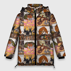Куртка зимняя женская Коллаж из рисунков с лисой, цвет: 3D-светло-серый