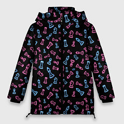Куртка зимняя женская Неоновые розовые и голубые шахматные фигуры на чер, цвет: 3D-черный