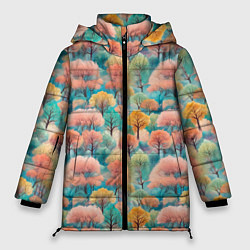 Куртка зимняя женская Деревья разноцветные узор, цвет: 3D-красный