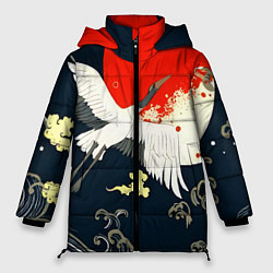 Куртка зимняя женская Кимоно с японскими журавлями, цвет: 3D-черный