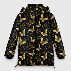 Куртка зимняя женская Золотые бабочки на черном фоне, цвет: 3D-светло-серый